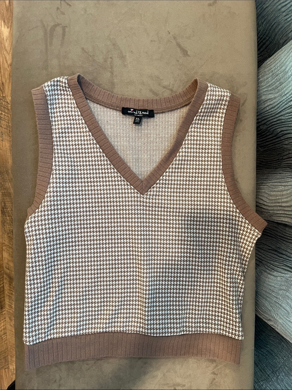 Houndstooth V-Neck Sweater Tank in Brown & Cream Mixed Threads